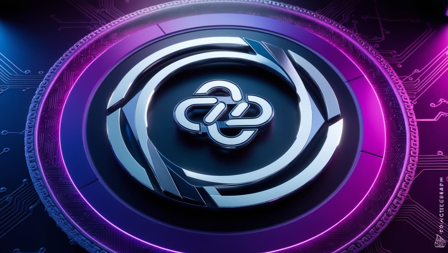 A futuristic digital artwork featuring interconnected data nodes orbiting the Chainlink logo, set against a vibrant purple and blue blockchain-inspired background.