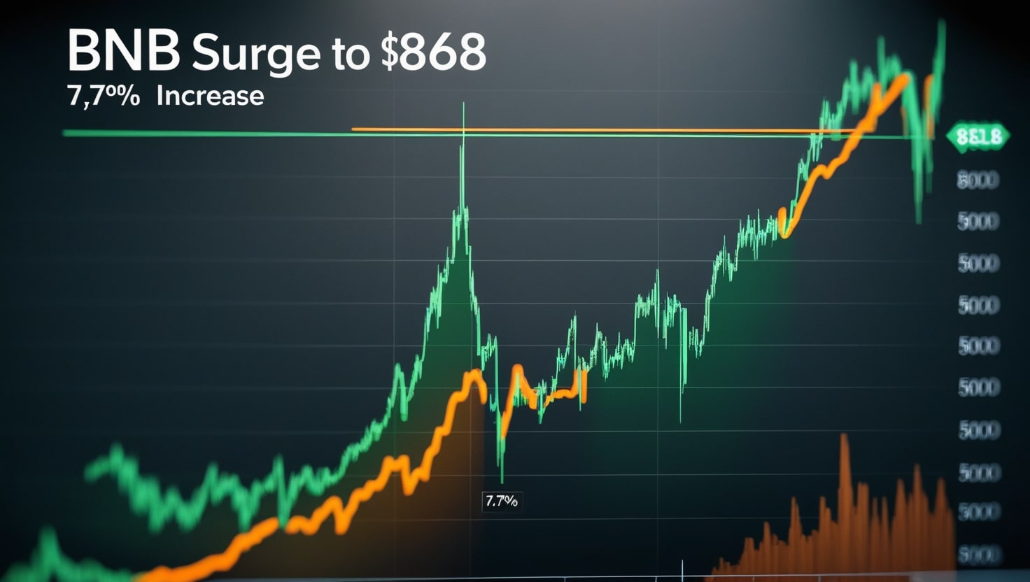 A line chart depicting BNB’s price surge to $868 on August 15, 2025, with a 7.7% increase, set against a dark background with green and orange lines highlighting key price levels.