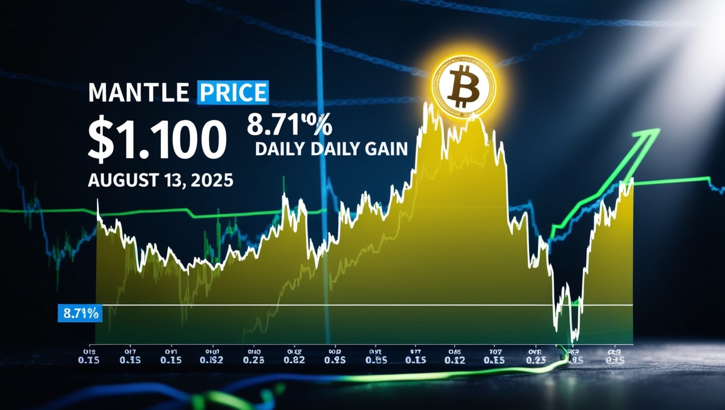 Line graph displaying Mantle (MNT) price rise to $1.10 on August 13, 2025, with an 8.71% daily gain, reflecting strong DeFi and neobank momentum.