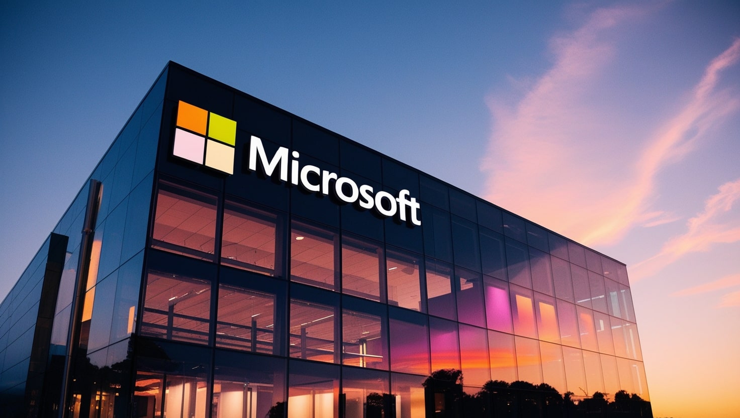 A modern office building with the Microsoft logo prominently displayed, glowing under evening lights with a sleek, glass facade reflecting the sunset.