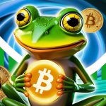 A vibrant digital illustration of a cartoon frog holding a glowing Pepe Coin, surrounded by upward-trending green price charts and crypto market symbols against a dynamic blue and green background.