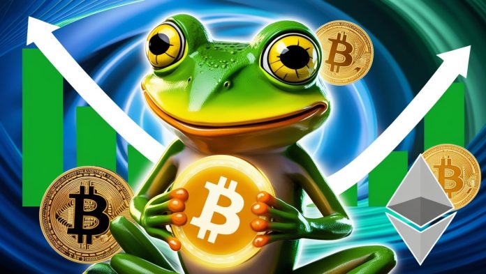 A vibrant digital illustration of a cartoon frog holding a glowing Pepe Coin, surrounded by upward-trending green price charts and crypto market symbols against a dynamic blue and green background.