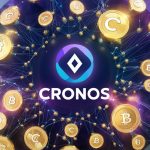 Vibrant digital artwork of the Cronos logo surrounded by blockchain nodes and CRO coins, symbolizing its thriving ecosystem and market activity.