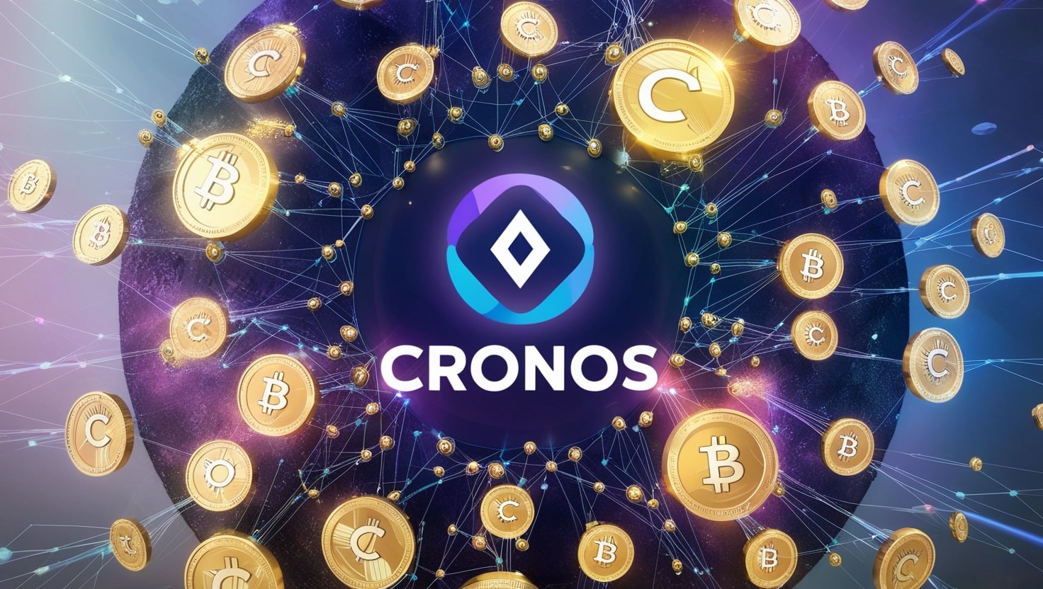 Vibrant digital artwork of the Cronos logo surrounded by blockchain nodes and CRO coins, symbolizing its thriving ecosystem and market activity.