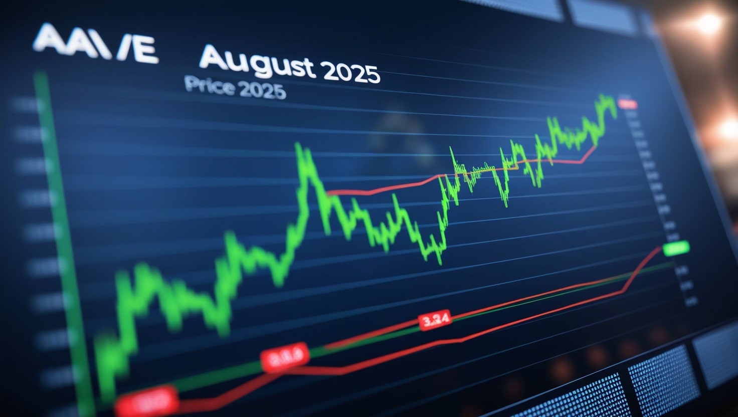 Line chart displaying AAVE cryptocurrency price trends for August 2025, showing a steady upward movement with key data points.