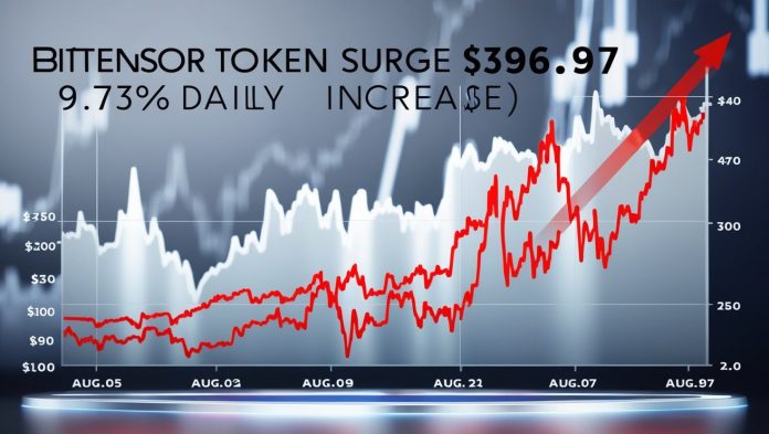 Line graph showing Bittensor (TAO) price surge to $396.97 on August 13, 2025, with a 9.73% daily increase, highlighting bullish market trends.