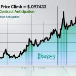 Line graph illustrating Kaspa (KAS) price climb to $0.09743 on August 13, 2025, with a 10.65% daily gain, driven by smart contract anticipation.