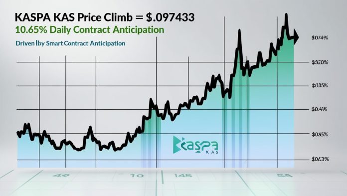 Line graph illustrating Kaspa (KAS) price climb to $0.09743 on August 13, 2025, with a 10.65% daily gain, driven by smart contract anticipation.