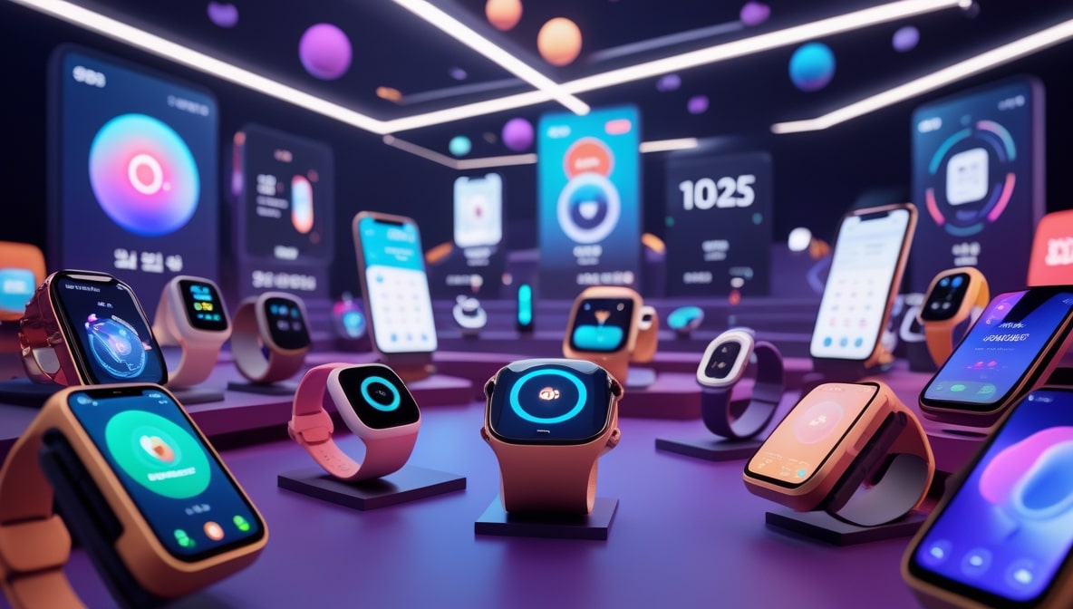 Futuristic wearable devices and AR glasses displayed on a sleek stage at the 2025 Seoul Tech Summit, showcasing innovations from Apple, Google, and Samsung.