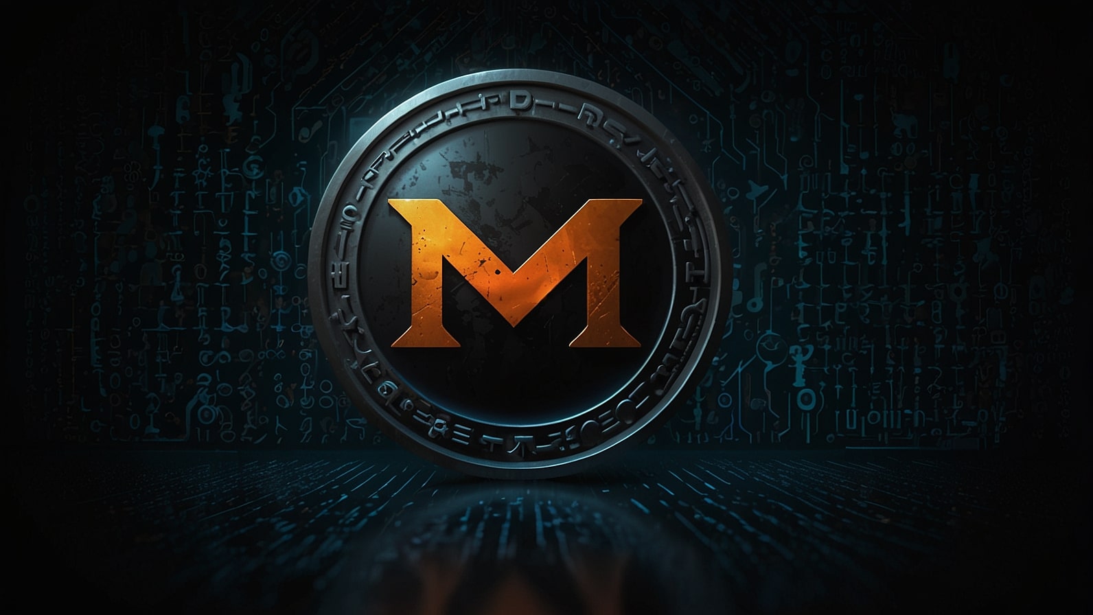 A bold digital illustration of the Monero logo with a glowing XMR token, set against a dark blockchain backdrop with encrypted symbols, emphasizing privacy and security.