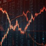 A digital graph showing a sharp decline in Oracle's stock price with a backdrop of cloud computing servers and AI technology symbols.