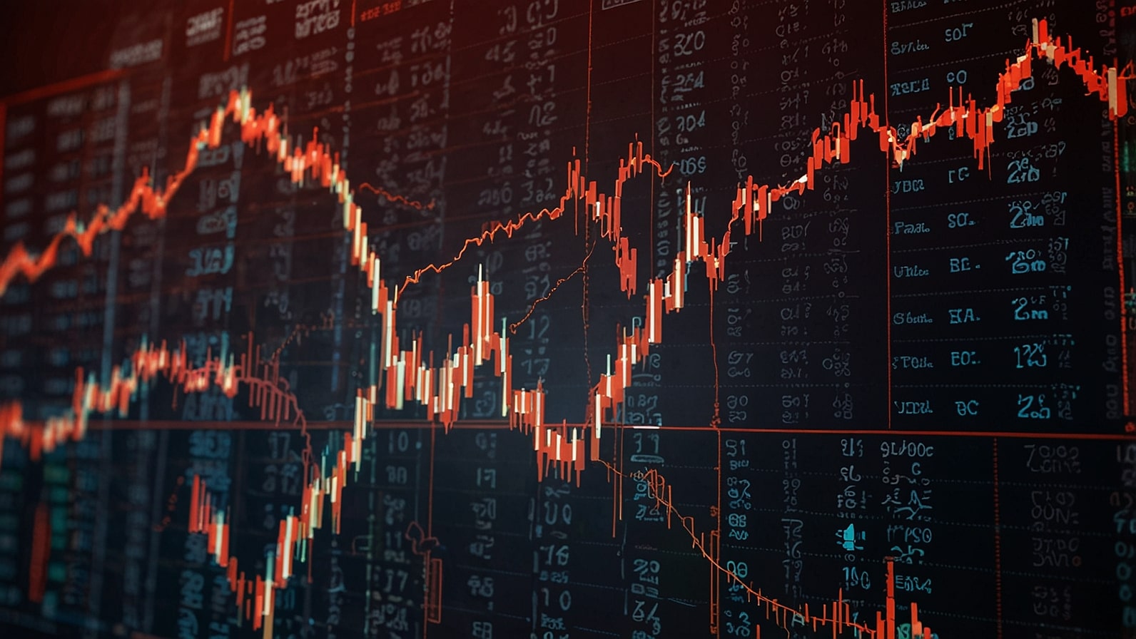 A digital graph showing a sharp decline in Oracle's stock price with a backdrop of cloud computing servers and AI technology symbols.
