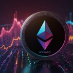 A digital illustration of the Uniswap logo with a vibrant DeFi market background, featuring glowing Ethereum blockchain nodes and a price chart showing UNI token fluctuations.