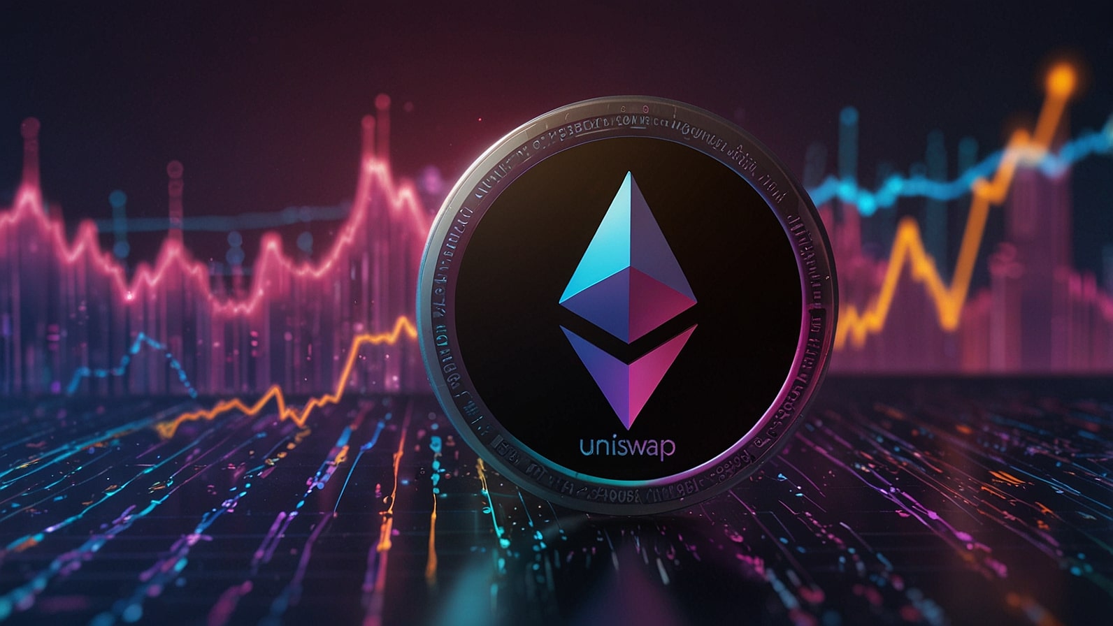 A digital illustration of the Uniswap logo with a vibrant DeFi market background, featuring glowing Ethereum blockchain nodes and a price chart showing UNI token fluctuations.