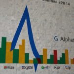 A digital stock market graph showing a sharp rise in Alphabet Inc.'s share price following Google’s favorable antitrust ruling on September 4, 2025, with a backdrop of the Google logo.