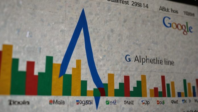 A digital stock market graph showing a sharp rise in Alphabet Inc.'s share price following Google’s favorable antitrust ruling on September 4, 2025, with a backdrop of the Google logo.