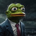 A dramatic digital artwork of a distressed Pepe the Frog clutching a plummeting crypto chart, with Ethereum blockchain nodes fading in a stormy background.