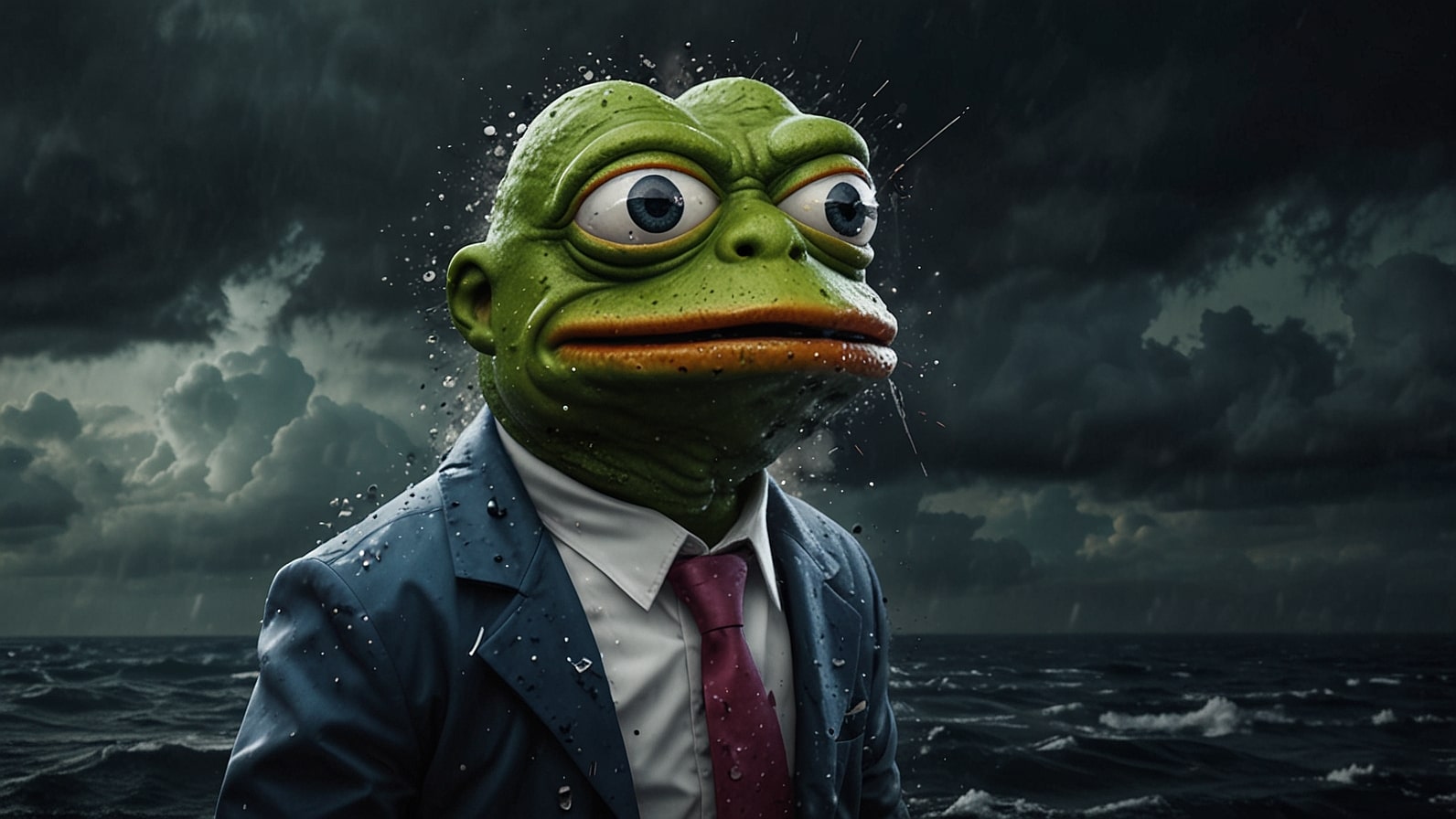 A dramatic digital artwork of a distressed Pepe the Frog clutching a plummeting crypto chart, with Ethereum blockchain nodes fading in a stormy background.