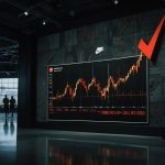 A digital chart showing a sharp decline in Nike's stock price with a red downward arrow, set against a backdrop of athletic shoes and a trading floor.