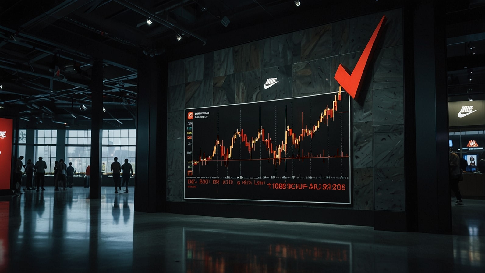A digital chart showing a sharp decline in Nike's stock price with a red downward arrow, set against a backdrop of athletic shoes and a trading floor.