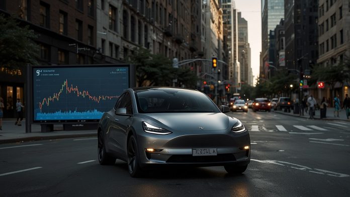A sleek Tesla Model Y drives on a city street with a digital stock chart overlay showing a 4% rise, symbolizing Tesla's strong Q3 2025 delivery performance and market optimism.