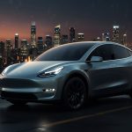 A sleek Tesla Model Y parked in front of a futuristic cityscape with glowing digital overlays, symbolizing the company's AI and EV advancements.