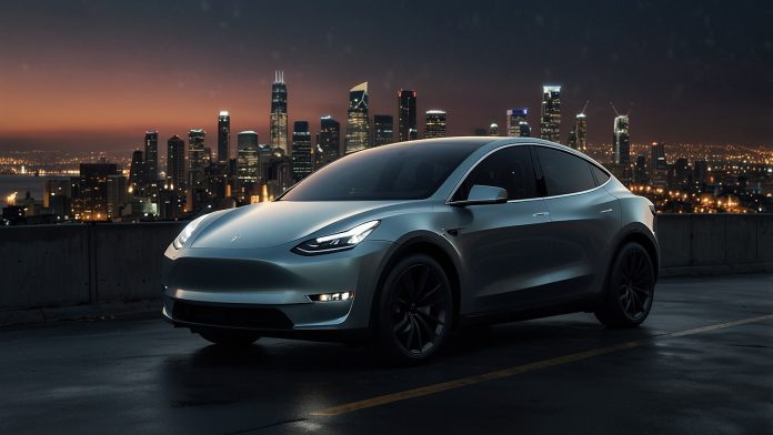 A sleek Tesla Model Y parked in front of a futuristic cityscape with glowing digital overlays, symbolizing the company's AI and EV advancements.