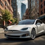 A sleek Tesla electric vehicle navigates a city street autonomously, showcasing advanced Full Self-Driving technology with a vibrant urban backdrop.