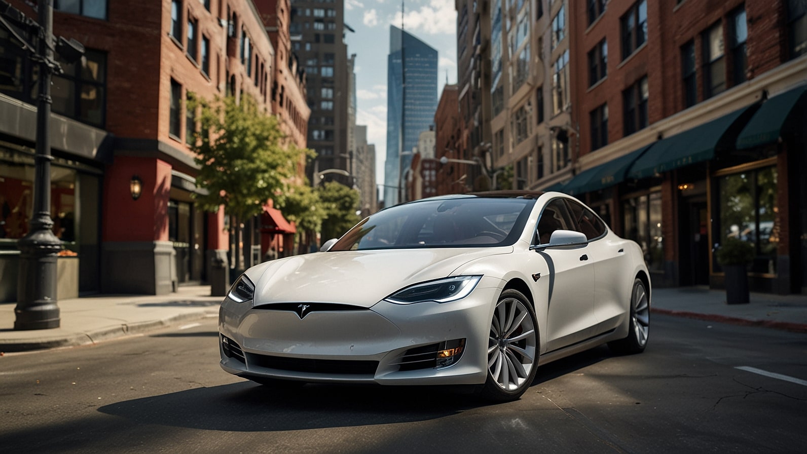A sleek Tesla electric vehicle navigates a city street autonomously, showcasing advanced Full Self-Driving technology with a vibrant urban backdrop.