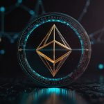 A sleek digital graphic of the Dai stablecoin logo, glowing against a backdrop of Ethereum's blockchain and DeFi icons, symbolizing stability and growth.