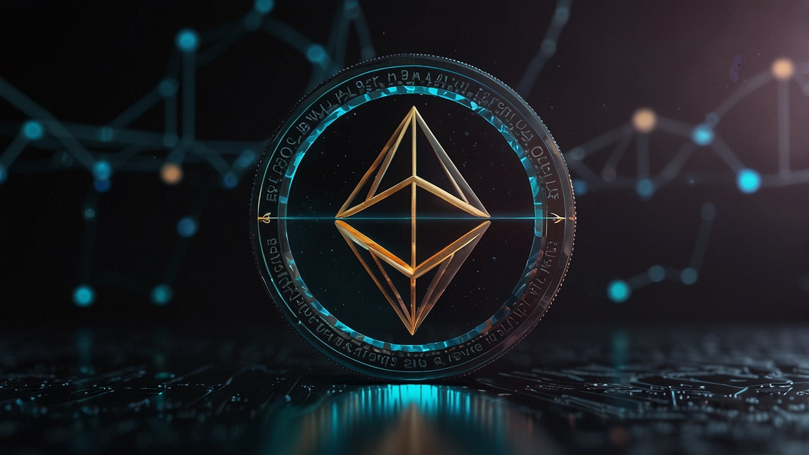 A sleek digital graphic of the Dai stablecoin logo, glowing against a backdrop of Ethereum's blockchain and DeFi icons, symbolizing stability and growth.