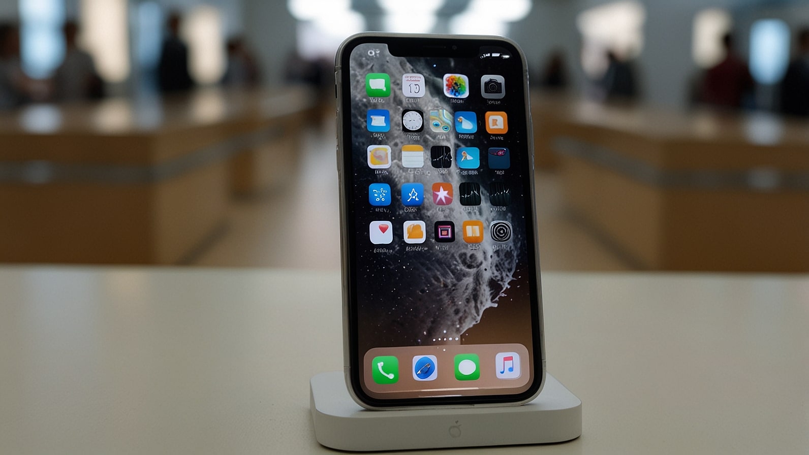 A sleek iPhone 17 prototype on a glowing white table in a modern Apple Store, with a subtle backdrop of legal documents hinting at antitrust concerns.