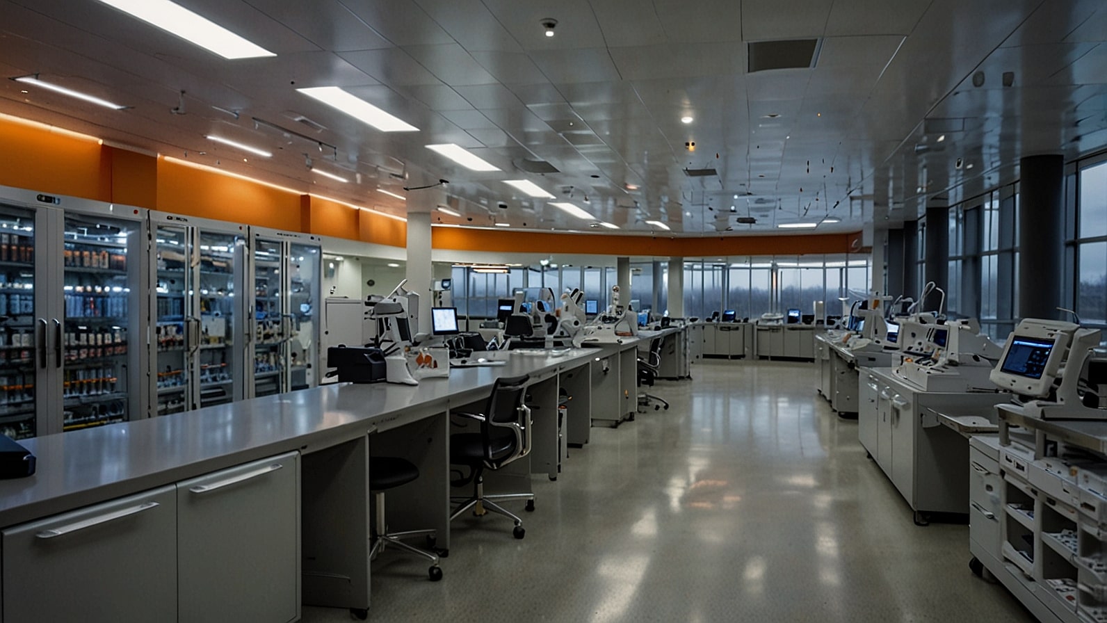 Aerial view of a modern GlaxoSmithKline pharmaceutical facility in the U.S., with advanced manufacturing equipment and research labs illuminated at dusk.