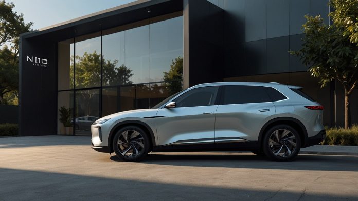 Sleek silver NIO ES8 electric SUV parked in front of a modern NIO House showroom, showcasing its luxurious design and advanced technology, with a vibrant cityscape in the background.