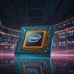 A digital stock market chart showing a sharp upward trend for Intel shares, with a background of semiconductor chips and the Apple logo faintly visible.