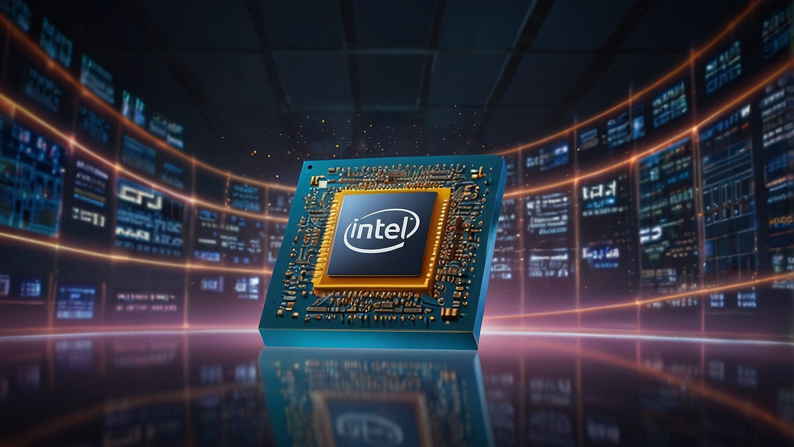 A digital stock market chart showing a sharp upward trend for Intel shares, with a background of semiconductor chips and the Apple logo faintly visible.