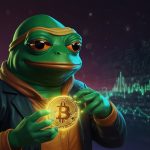 A vibrant digital illustration of the Pepe the Frog meme character holding a glowing Pepe Coin (PEPE) token, set against a futuristic blockchain background with green and gold hues, symbolizing the cryptocurrency's surge in 2025.