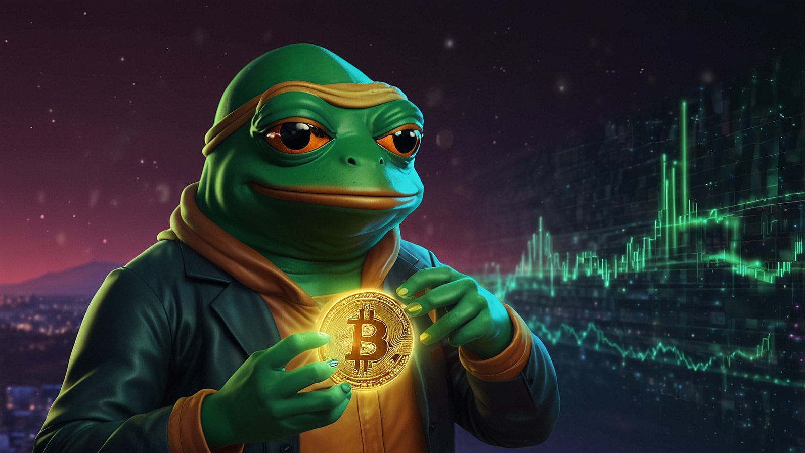 A vibrant digital illustration of the Pepe the Frog meme character holding a glowing Pepe Coin (PEPE) token, set against a futuristic blockchain background with green and gold hues, symbolizing the cryptocurrency's surge in 2025.