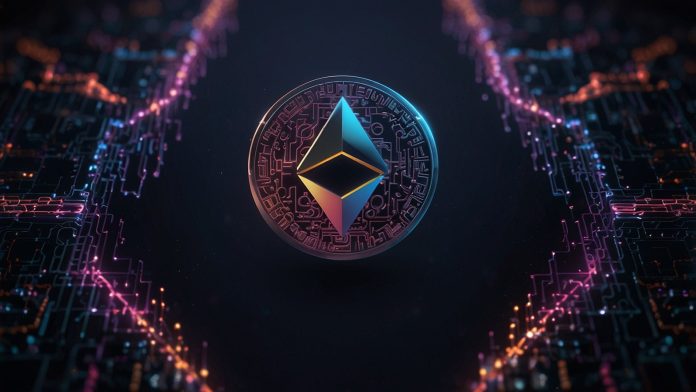 A vibrant digital rendering of the Ethena ENA token logo, glowing with futuristic hues against a backdrop of Ethereum blockchain patterns and DeFi yield symbols.