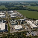 Aerial view of Croda International's advanced manufacturing plant in Hull, UK, surrounded by modern industrial infrastructure and green landscapes, symbolizing sustainable chemical production.