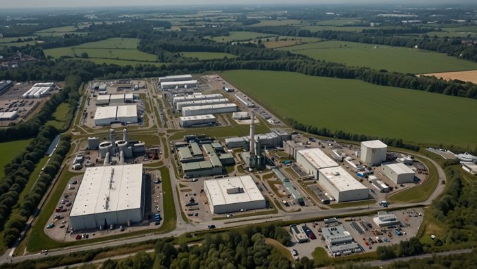 Aerial view of Croda International's advanced manufacturing plant in Hull, UK, surrounded by modern industrial infrastructure and green landscapes, symbolizing sustainable chemical production.