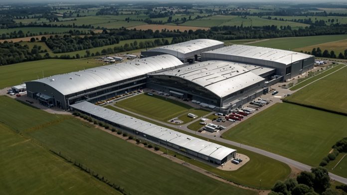 Aerial view of Rolls-Royce's sprawling Derby manufacturing facility in the UK, showcasing advanced engineering hubs against a backdrop of green fields, symbolizing innovation in aerospace and defence.