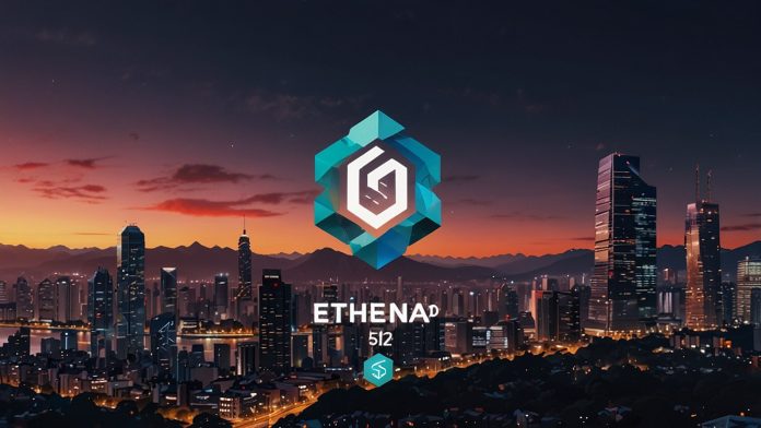 Digital illustration of Ethena USDe stablecoin logo with a vibrant South Korean market backdrop, highlighting Coinone exchange listing and rising adoption.