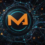 Digital illustration of Monero (XMR) logo with a futuristic blockchain network, showcasing privacy features and market growth in 2025.