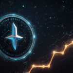 Digital illustration of Stellar's XLM cryptocurrency logo with a glowing upward arrow and blockchain network in the background, symbolizing price growth and Protocol 23 upgrade excitement.