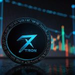 Digital illustration of the Tron (TRX) logo with a glowing blockchain network in the background, highlighting its stablecoin dominance and price surge in September 2025.