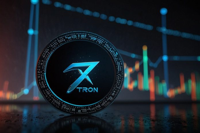 Digital illustration of the Tron (TRX) logo with a glowing blockchain network in the background, highlighting its stablecoin dominance and price surge in September 2025.