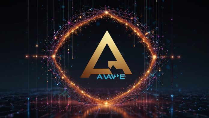 Dynamic digital illustration of the Aave (AAVE) logo with interconnected blockchain nodes, highlighting its DeFi dominance and $313.50 price in September 2025.