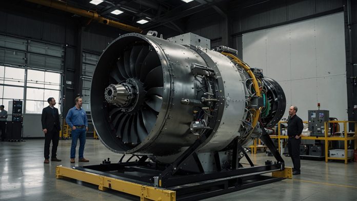 GE Aerospace engineers and BETA Technologies team collaborate on a hybrid-electric turbogenerator for eVTOL aircraft in a high-tech lab, showcasing advanced aviation technology.
