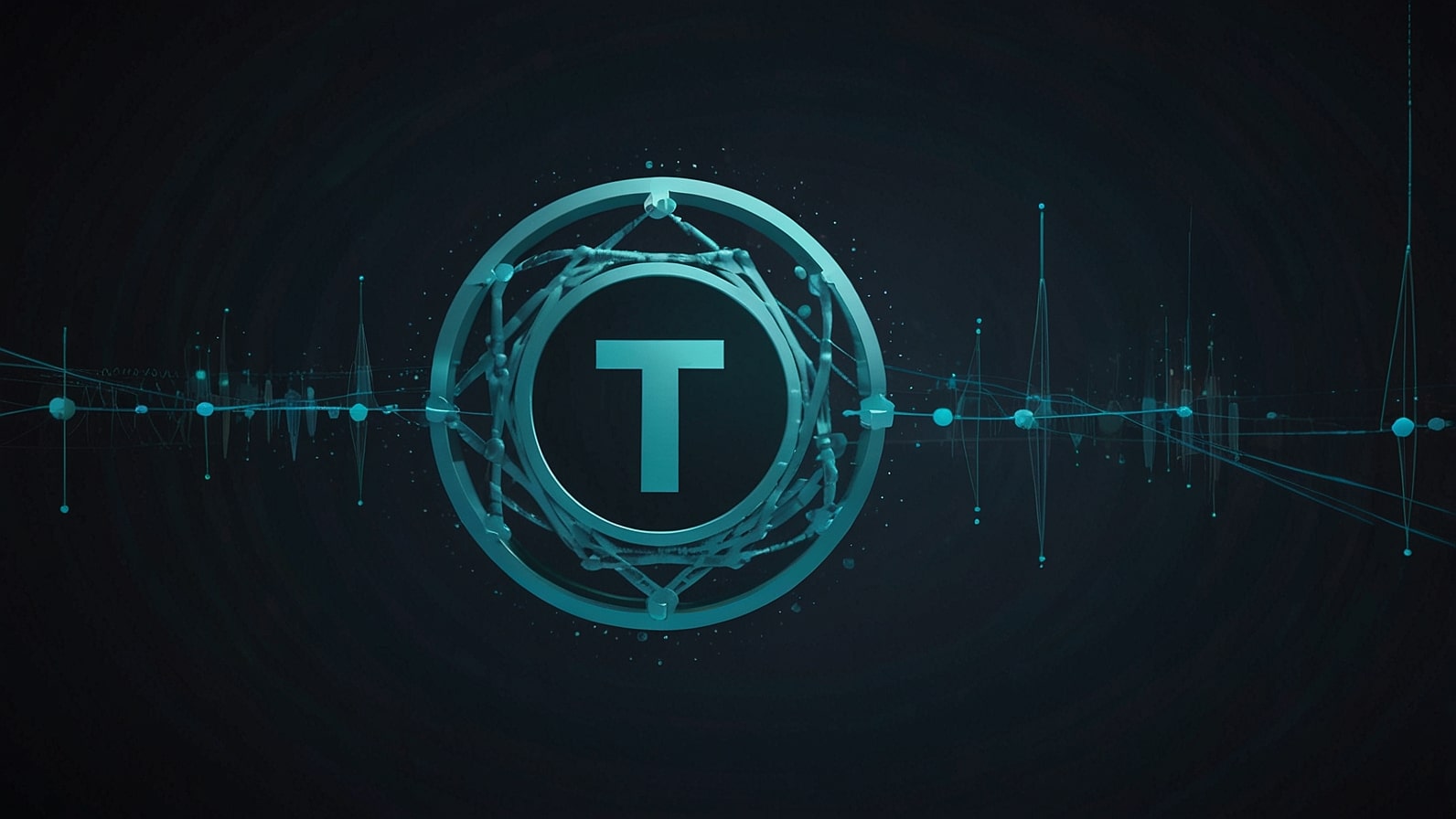 Glowing Tether logo with a sleek, circular design in vivid blue tones against a futuristic digital backdrop, representing stablecoin stability and innovation.